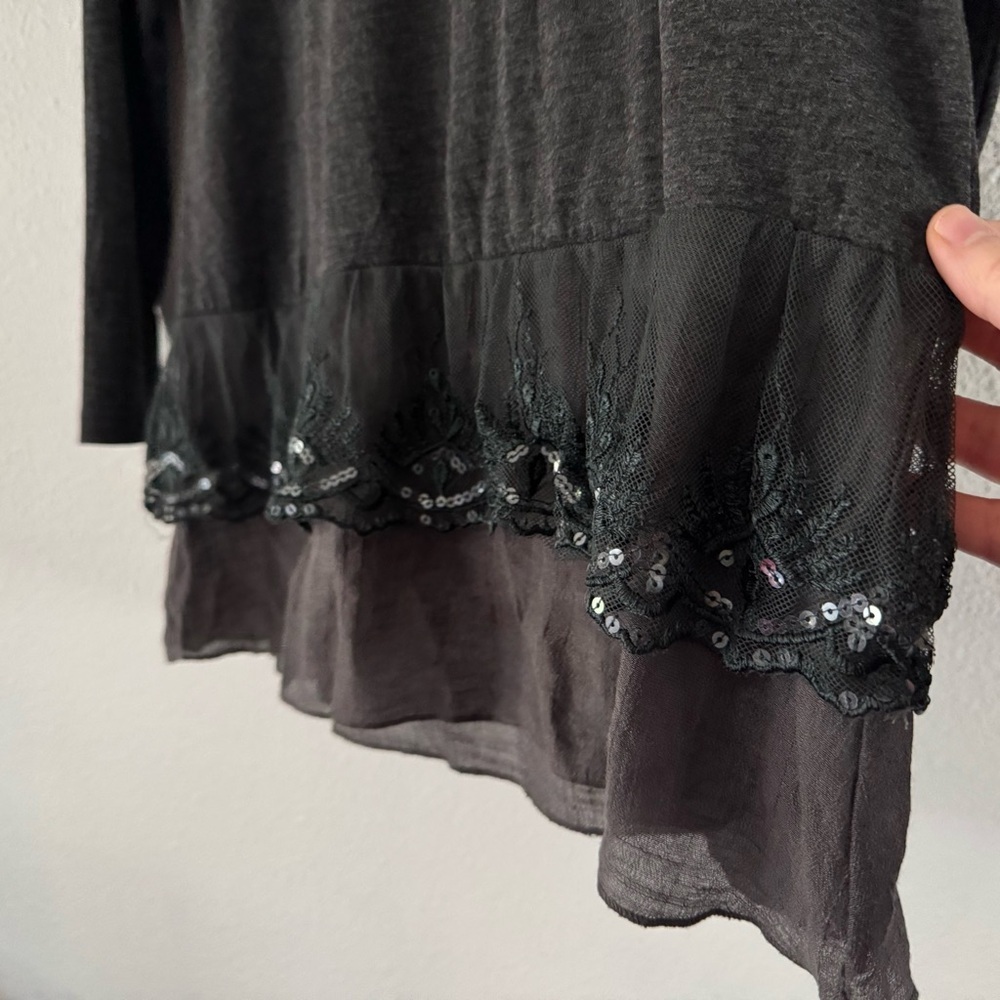 Boho Sequin Embellished Sheer Hem Gray Layered Tunic Blouse Avalin L Romantic - Picture 3 of 14